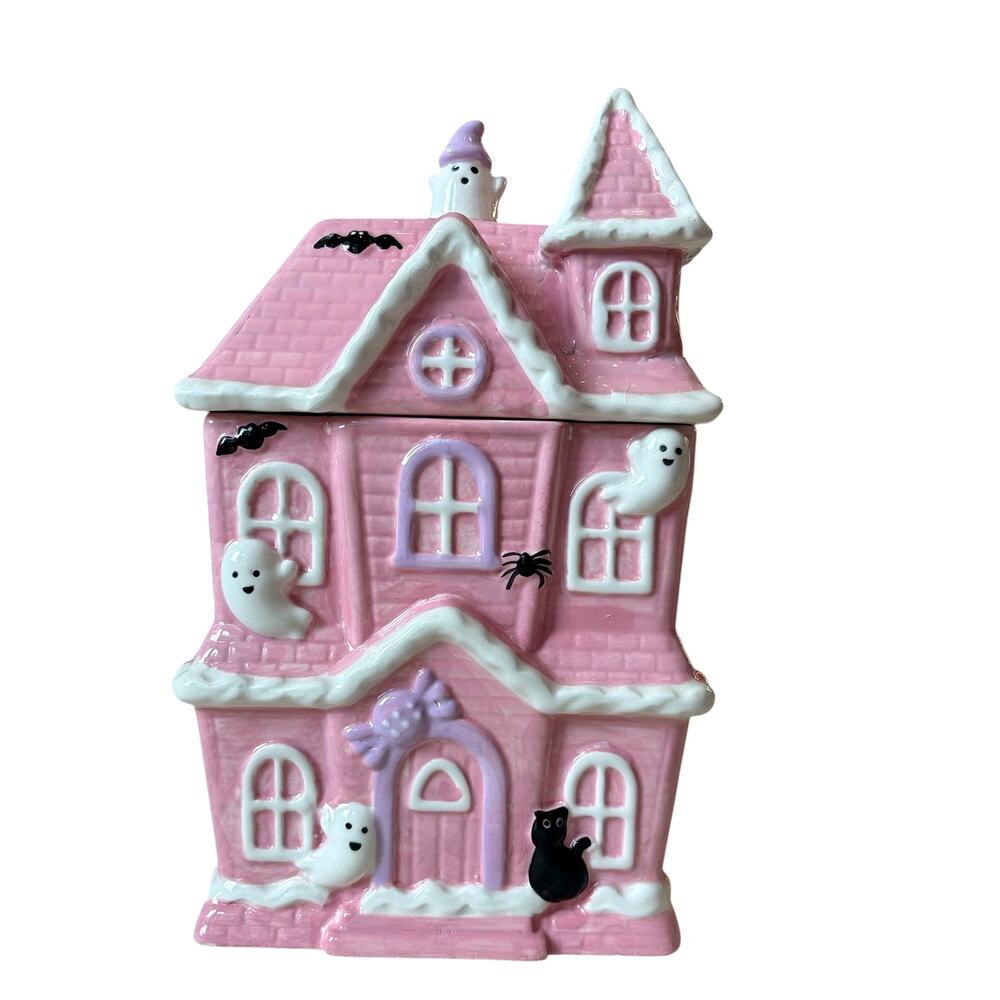 Pink Halloween HAUNTED HOUSE Cookie Jar by Booville Ceramic Spooky Boo New